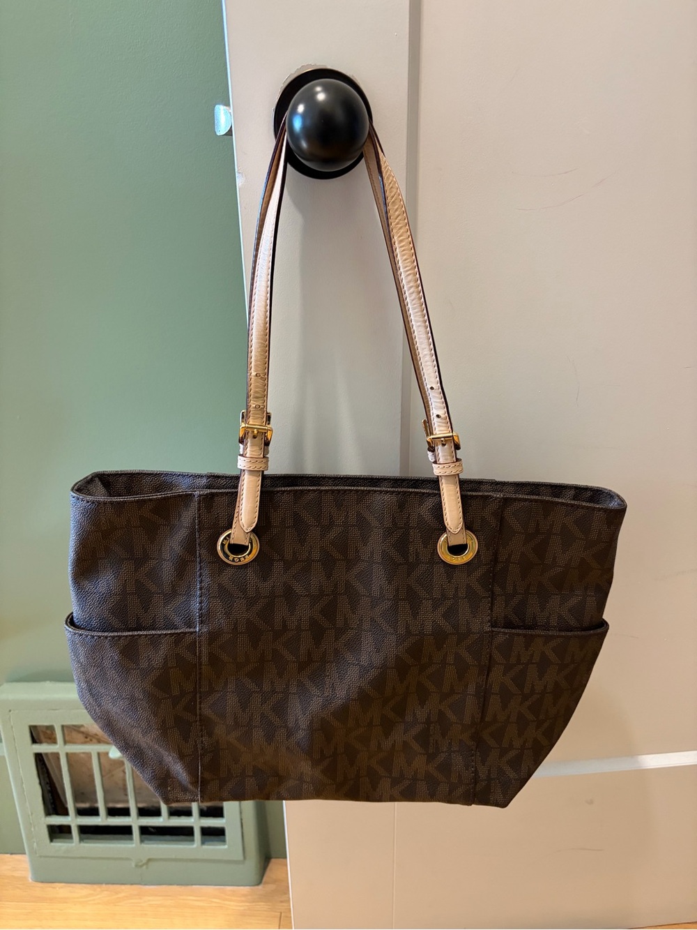 Michael Kors Jet Set Top Zip Tote Bag Signature MK Brown Canvas